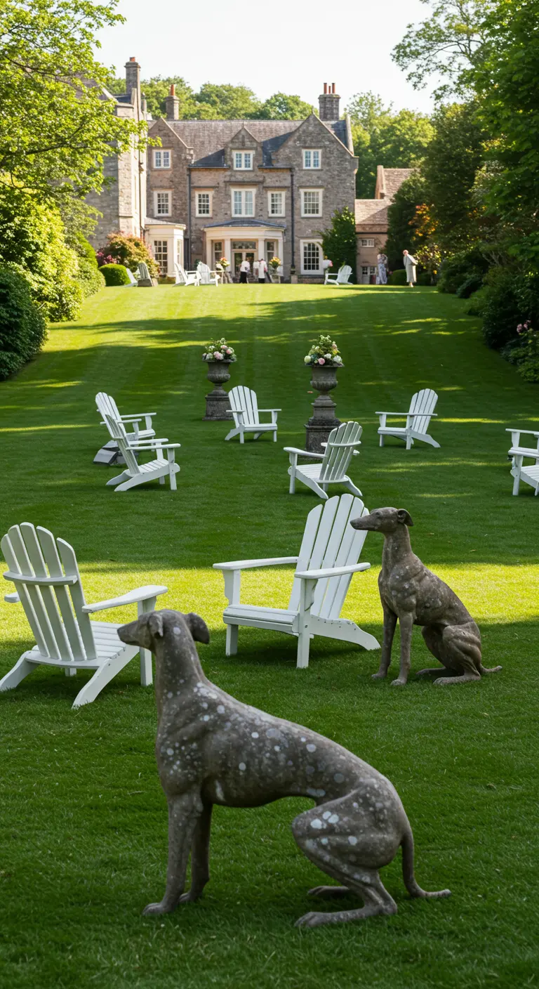 Two greyhound statues stand on a vast lawn dotted with groups of white Adirondack chairs.