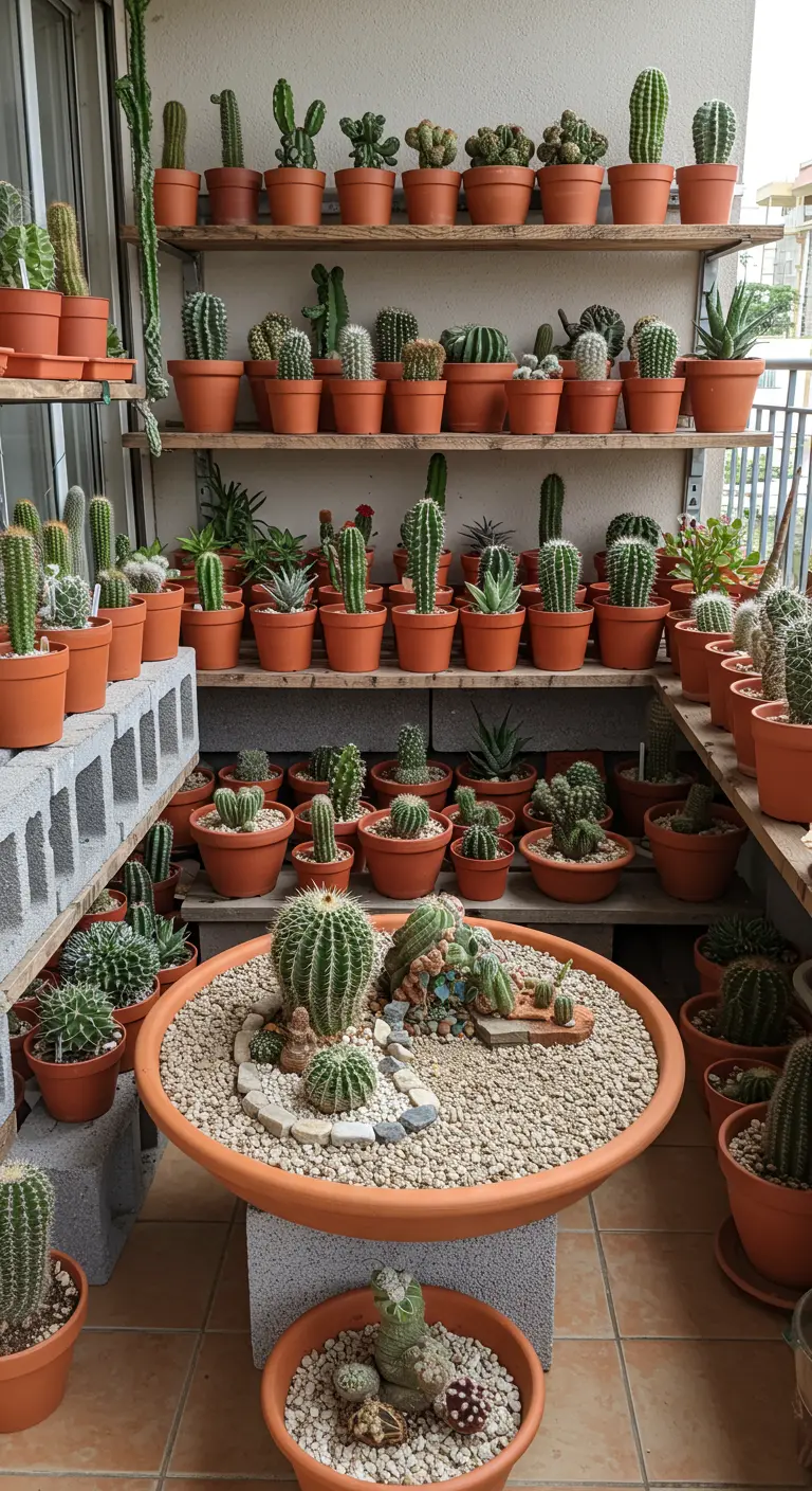 A balcony filled with cacti on cinder block and wood shelves.