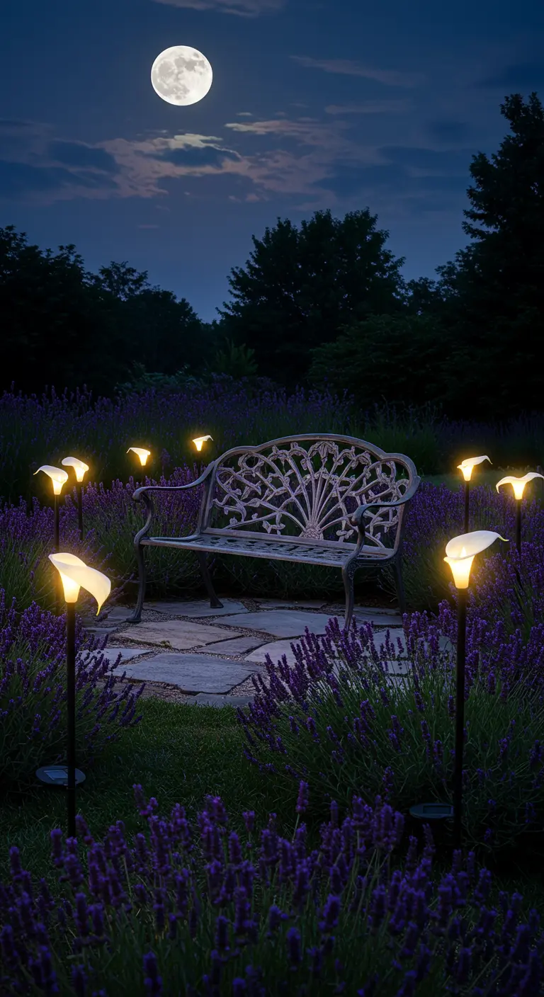 An ornate bench in a lavender field surrounded by glowing calla lily-shaped solar lights.