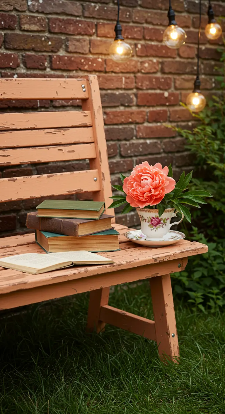 A peach-colored bench with a stack of books and a single peony in a teacup.