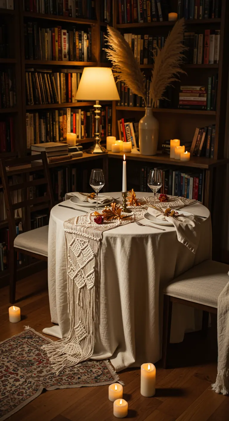 A romantic table for two set in a cozy library, illuminated by lamplight and candles.