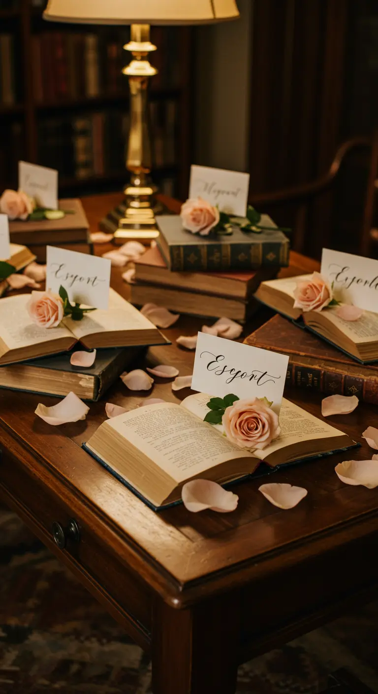 Escort cards propped on open vintage books, each with a single blush rose.