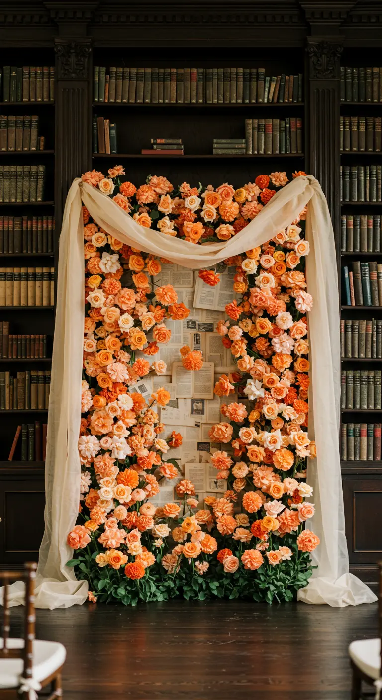 A floral wall with peach roses seemingly growing out of vintage book pages.