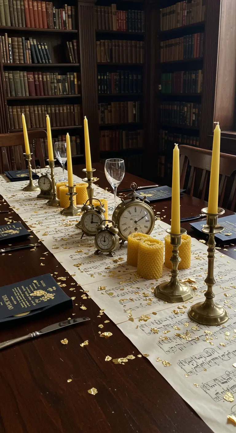 A library-themed NYE table with a sheet music runner, beeswax candles, and vintage clocks.