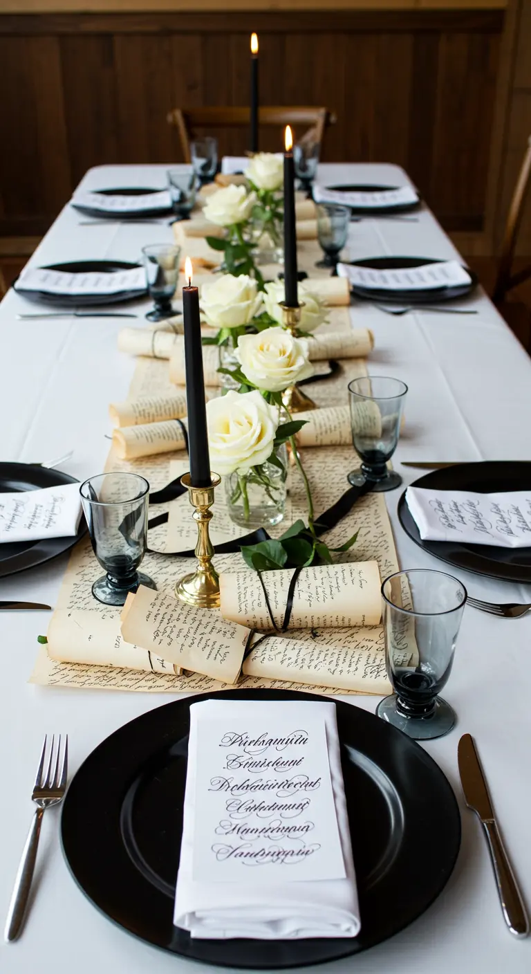Romantic table setting with a runner made of script pages and black candles.
