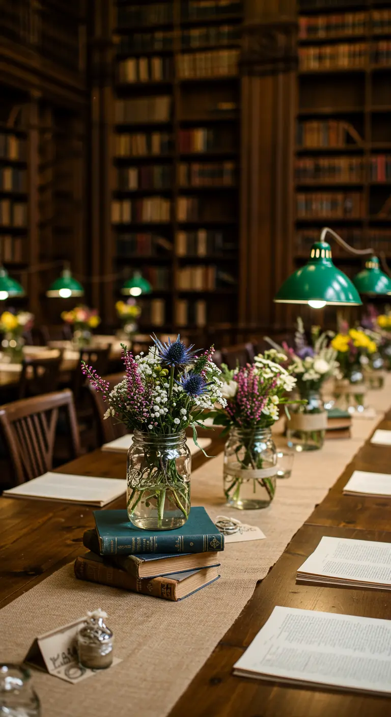 A wedding table in a library with Mason jar floral arrangements placed on stacks of vintage books.