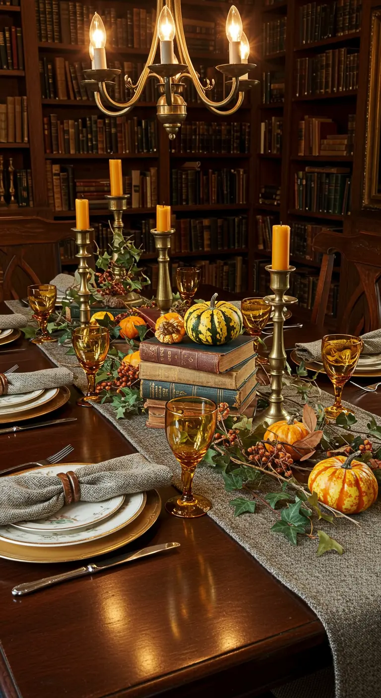 A Thanksgiving table centerpiece using stacked vintage books as risers for candles and pumpkins.
