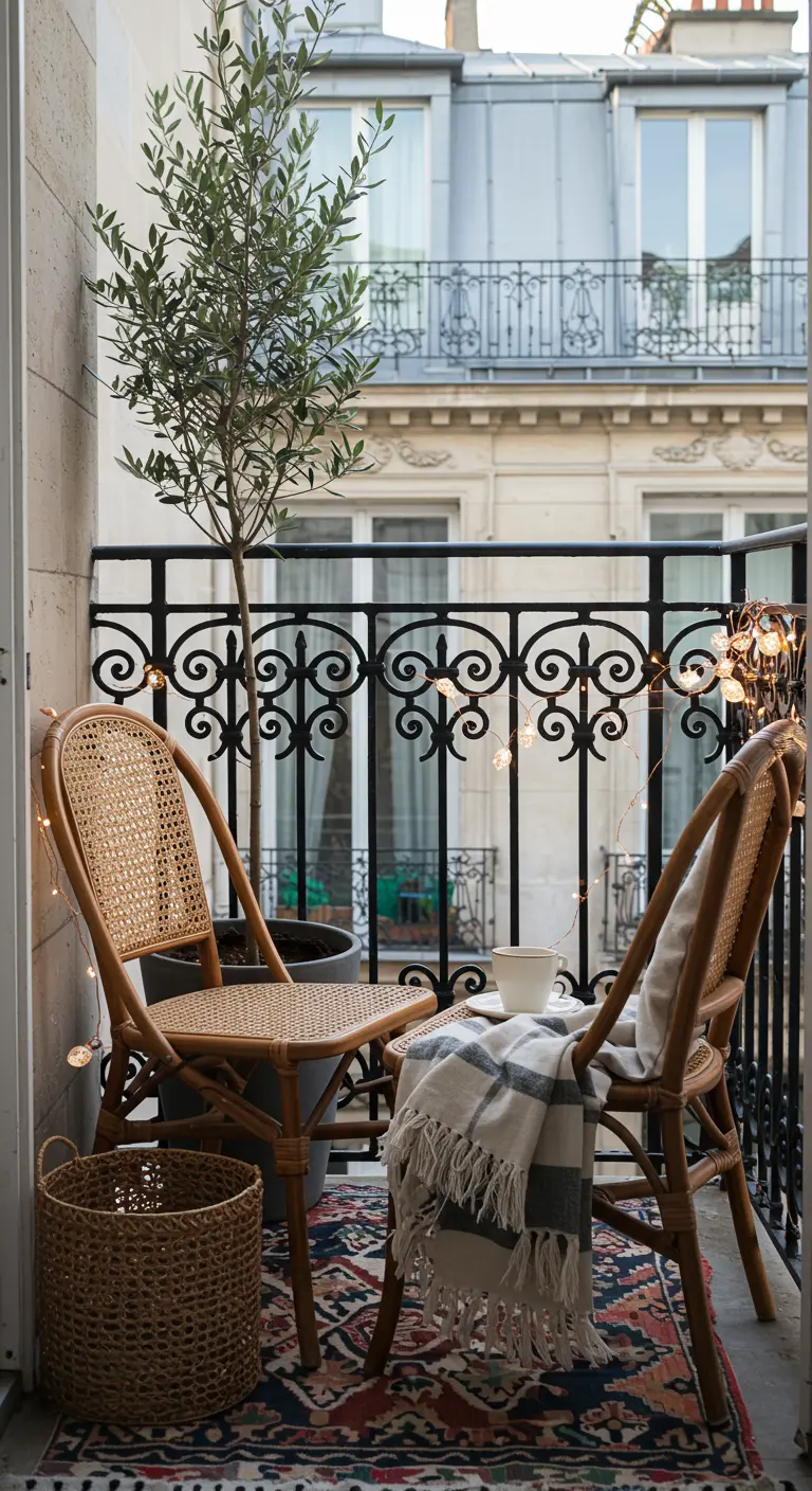 Two caned rattan chairs on a small Parisian balcony with an olive tree and fairy lights.