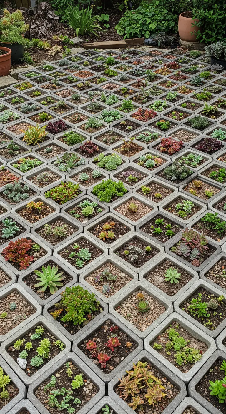 A large patio area covered in a grid of diamond-shaped pavers, each filled with succulents.