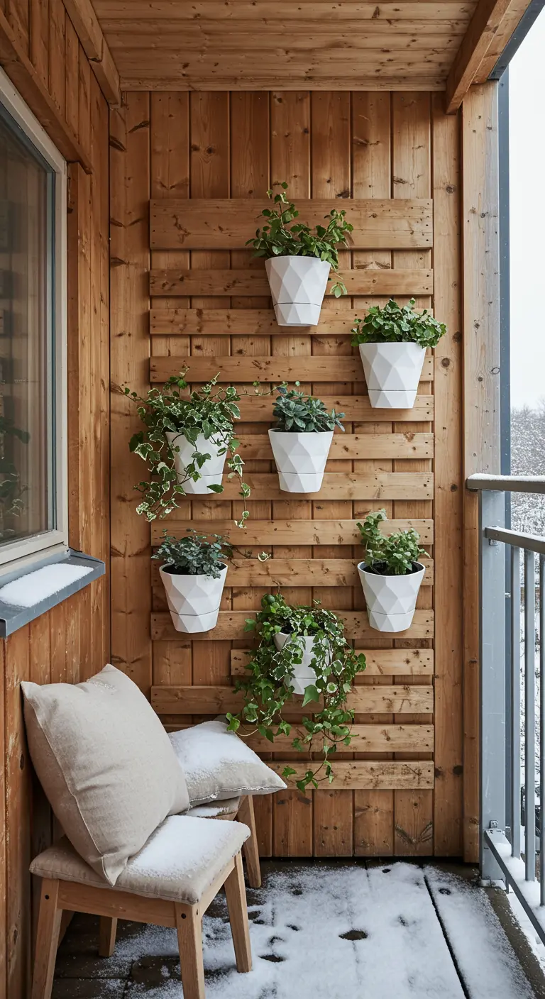 A vertical garden on a wooden wall with white geometric planters holding green plants.