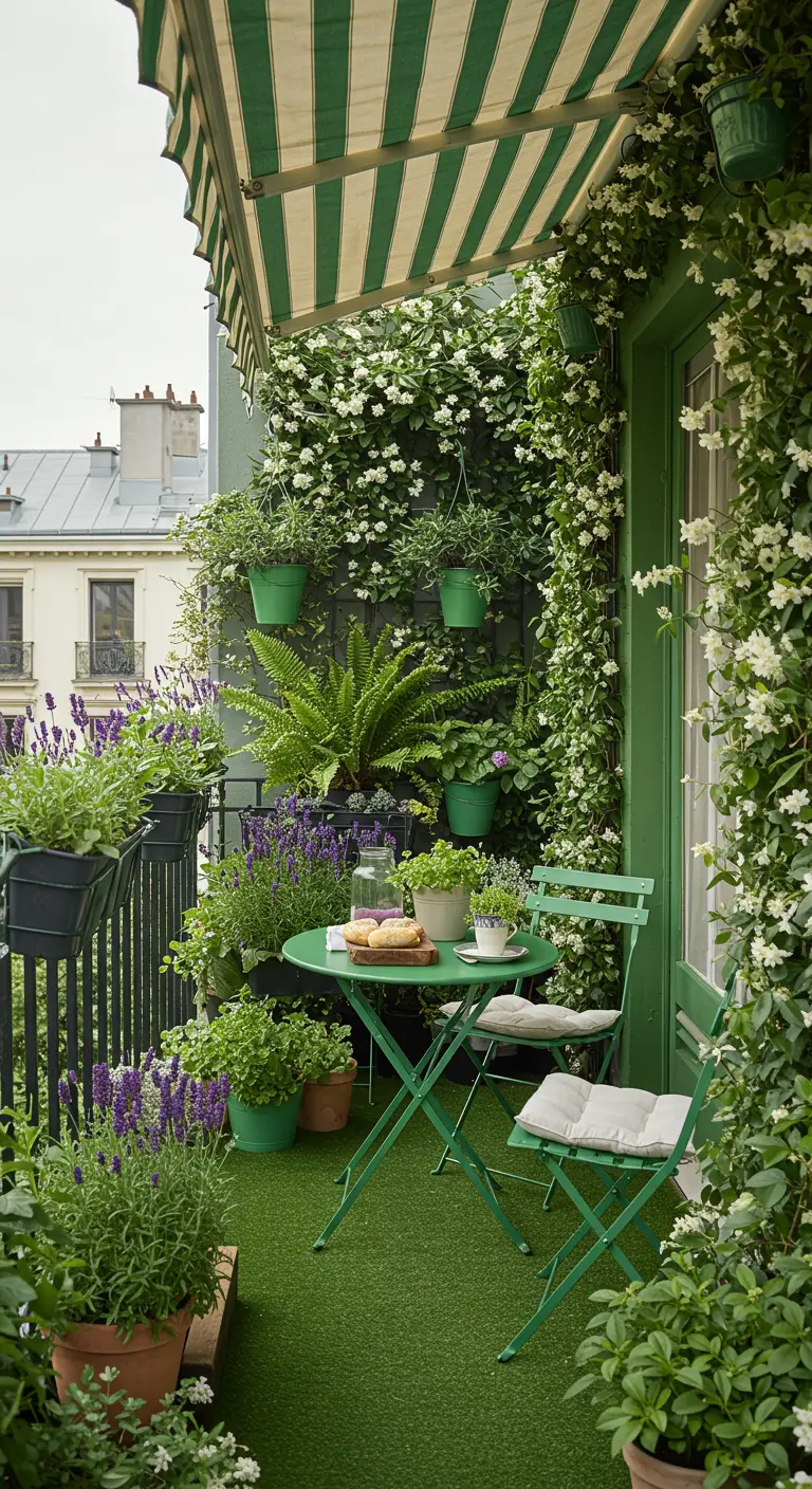 A lush green balcony with a living wall of jasmine, green furniture, and faux grass.