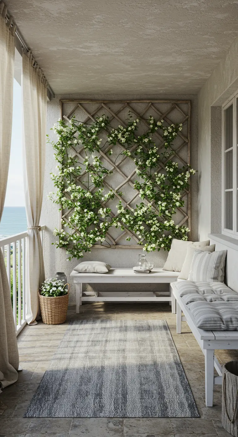 A charming balcony with a large trellis covered in climbing white flowers and white benches.