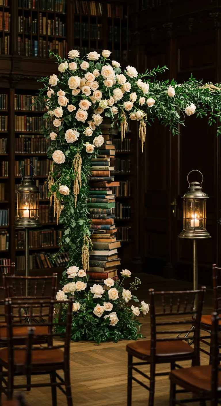 Wedding arch made of stacked books and white roses in a library setting with lanterns.