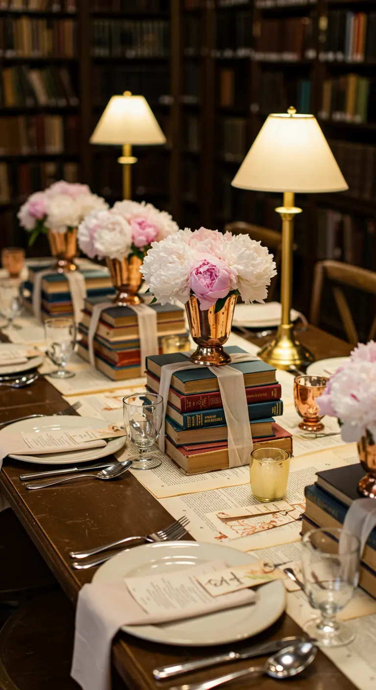 Table in a library with peonies in vases stacked on vintage books.