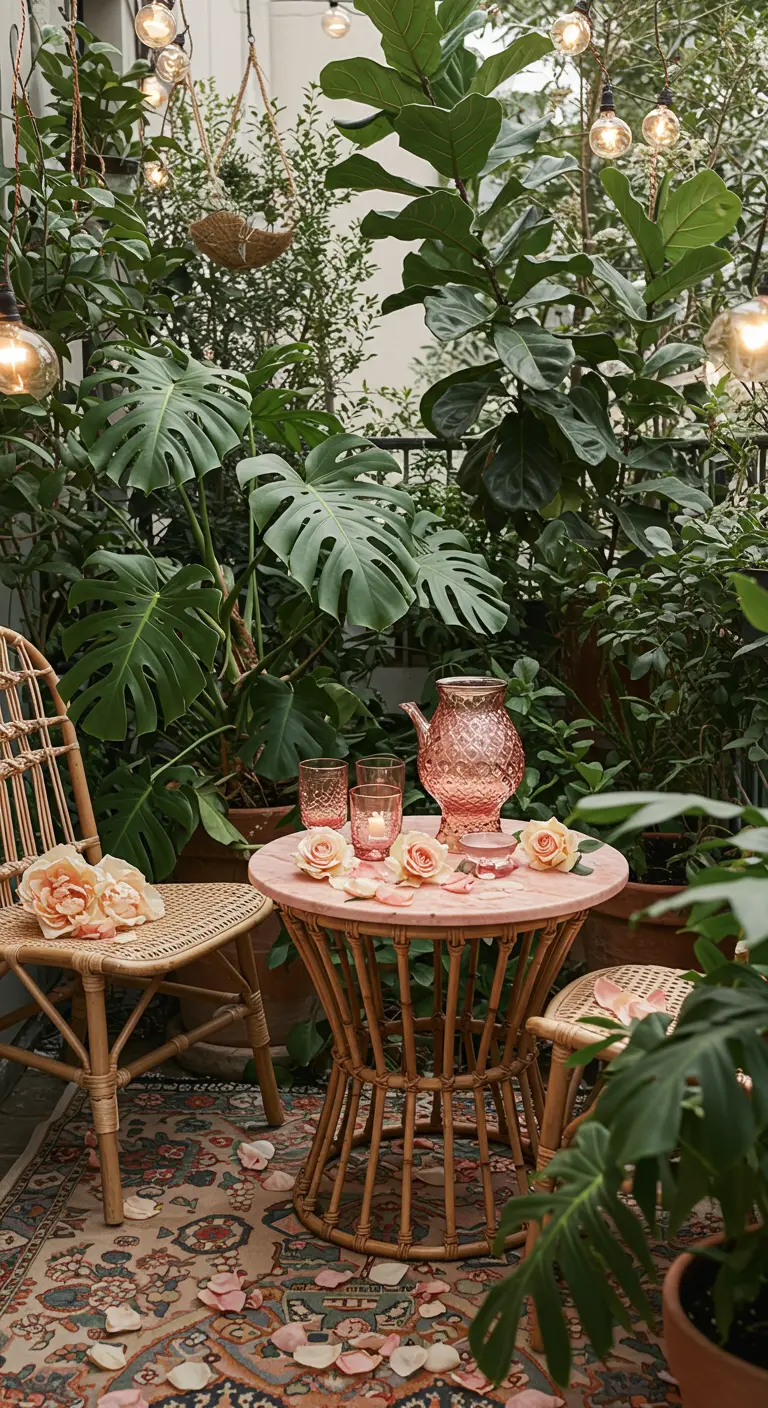 A pink-toned table in a lush, plant-filled bohemian balcony with rattan chairs and a rug.