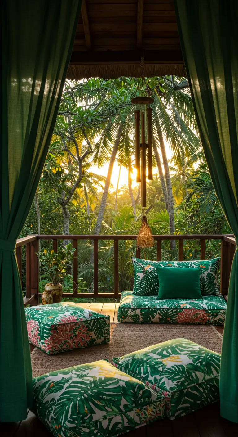 Tropical balcony with palm-print cushions, a jute rug, and lush green plants.