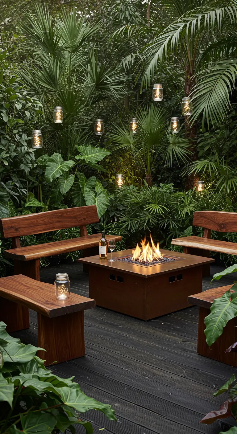 A dark wood deck with a fire pit, surrounded by lush tropical plants and hanging mason jar lights.