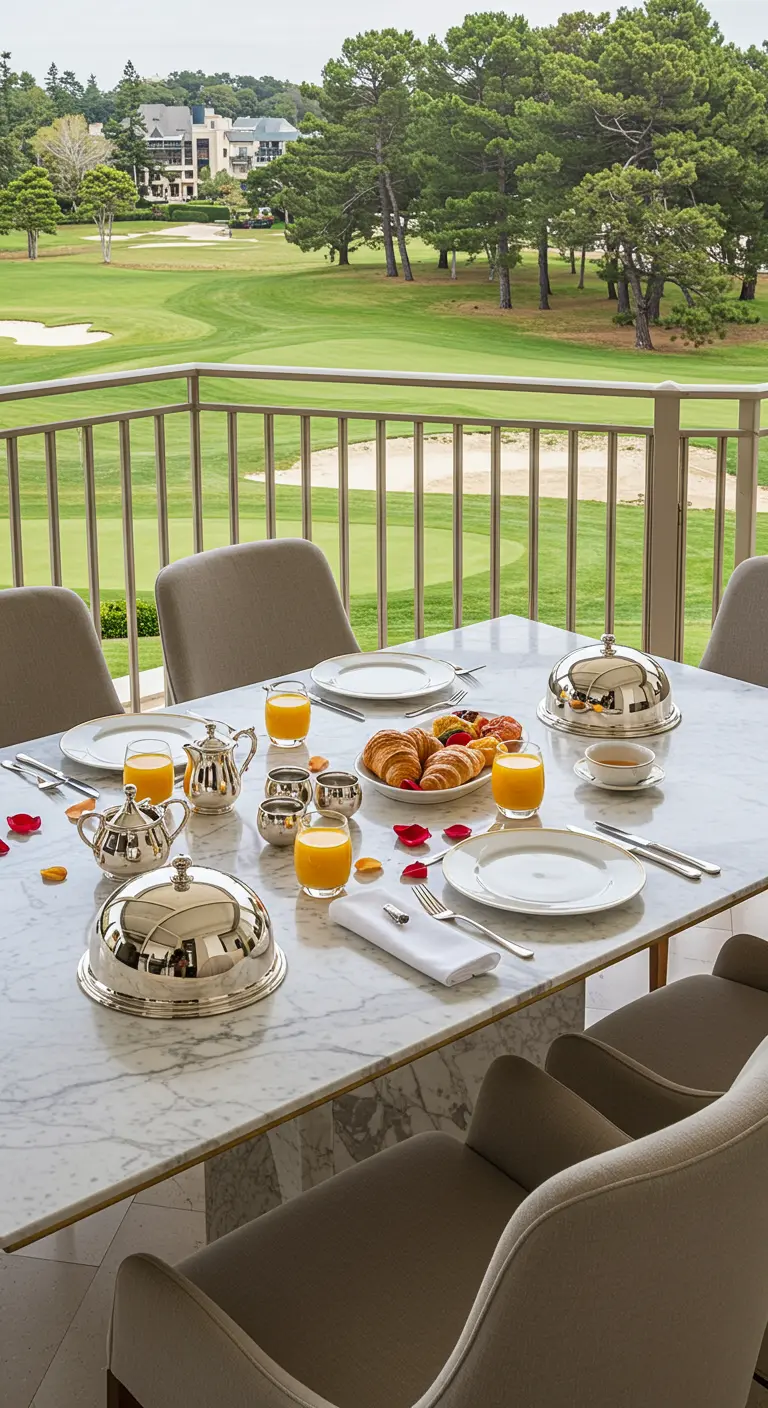 A large white marble table set for a luxurious breakfast with silver cloches and orange juice.