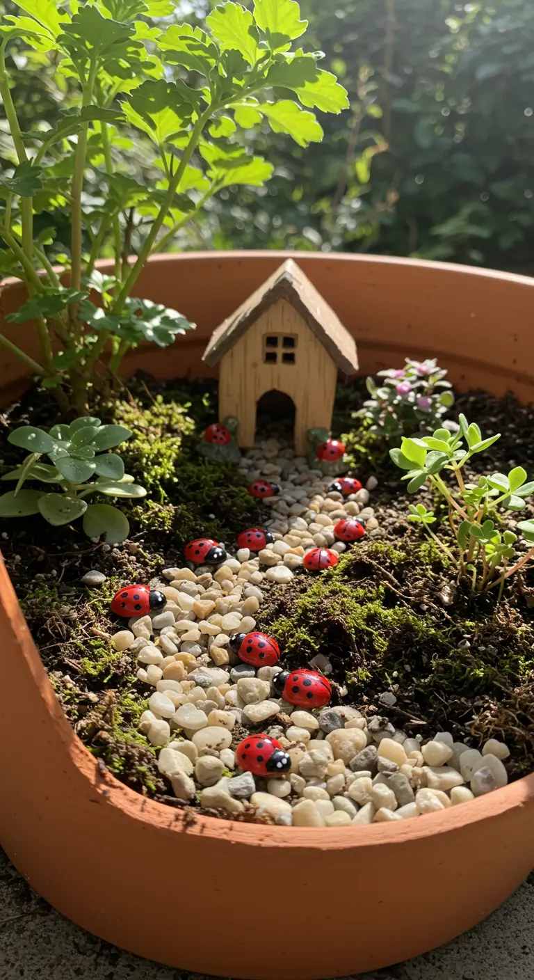 A pathway of tiny painted ladybug rocks leading to a miniature wooden house in a planter.