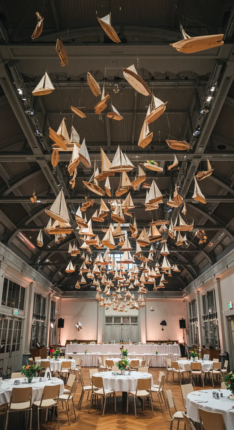 Dozens of miniature wooden sailboats hanging from the ceiling of a large hall.