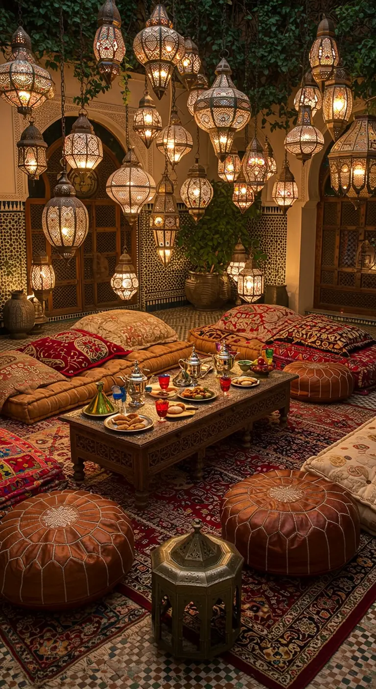Elaborate Moroccan lounge with layered rugs, many lanterns, and floor cushions.