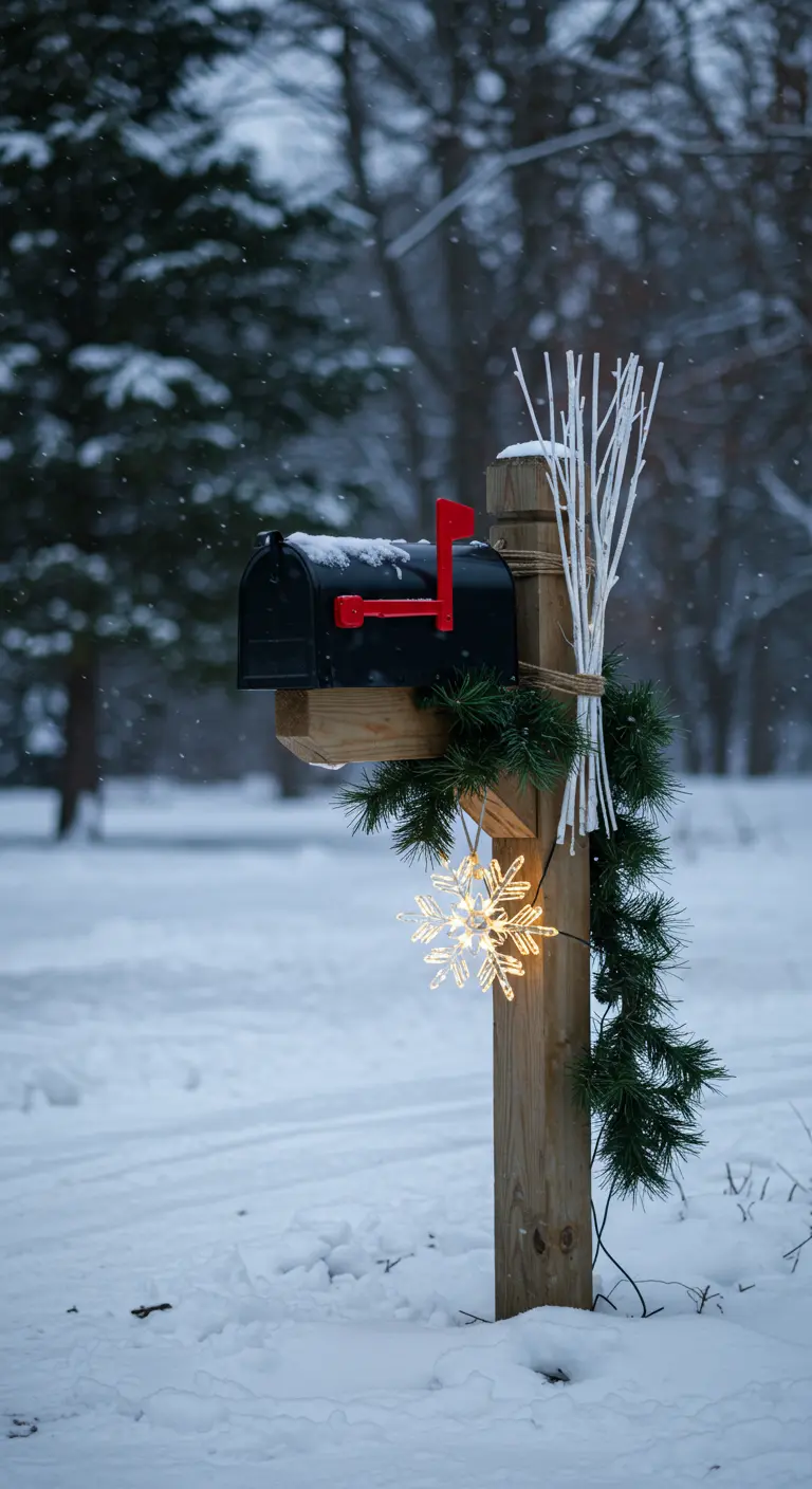 A mailbox in the snow decorated with a pine sprig, white twigs, and a single hanging snowflake light.