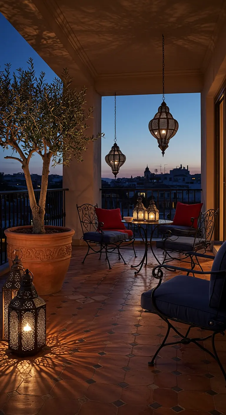 Moroccan lanterns illuminating a balcony with wrought iron furniture at dusk.