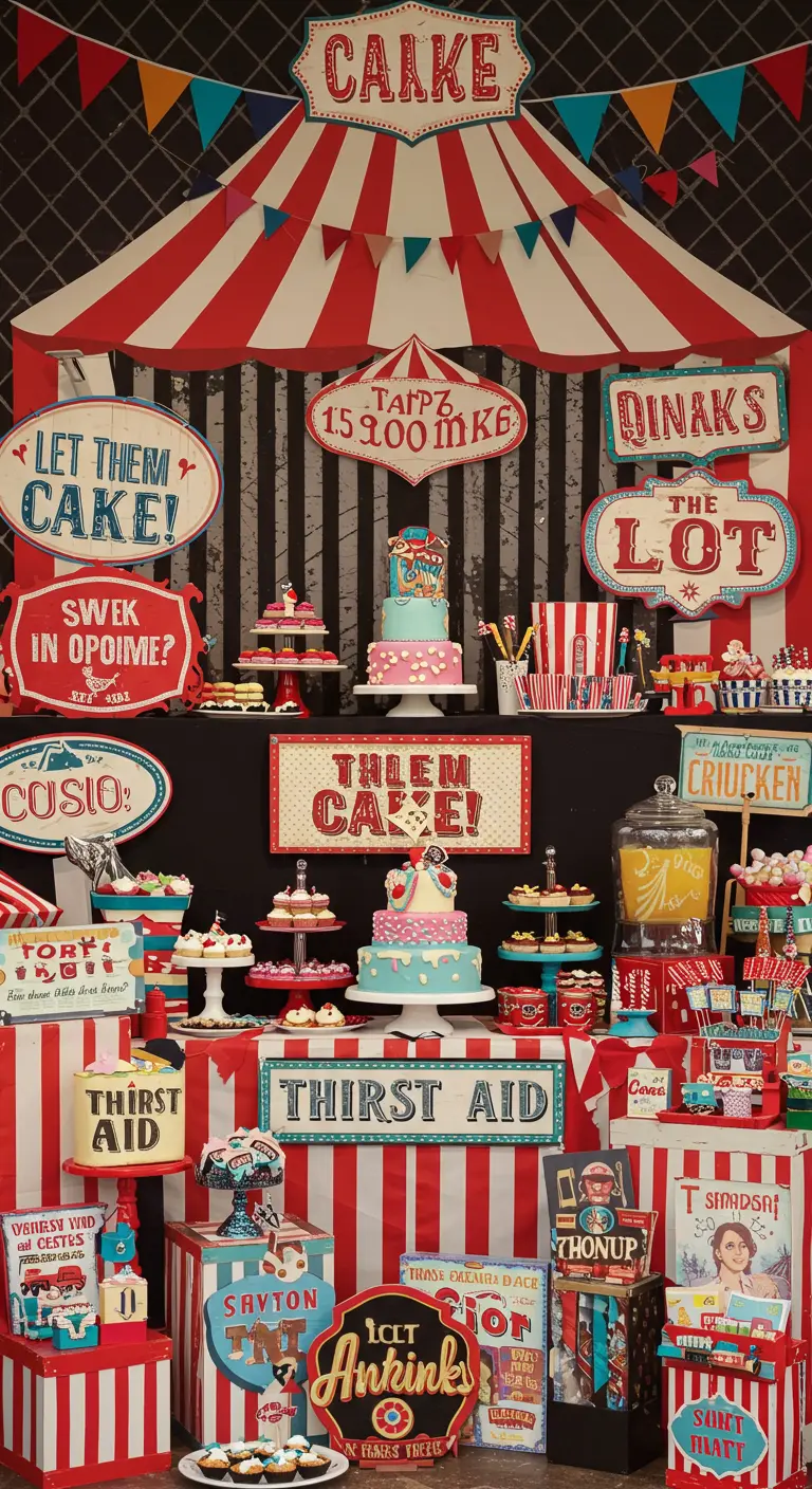 A dessert table packed with vintage-style carnival signs and cakes.