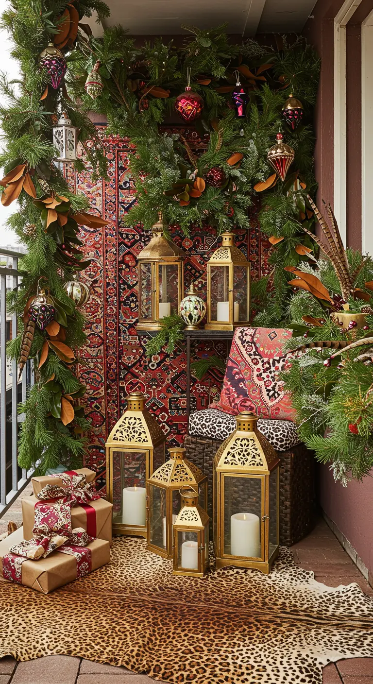 A maximalist balcony with layered rugs, lush garlands, ornaments, and gold lanterns.