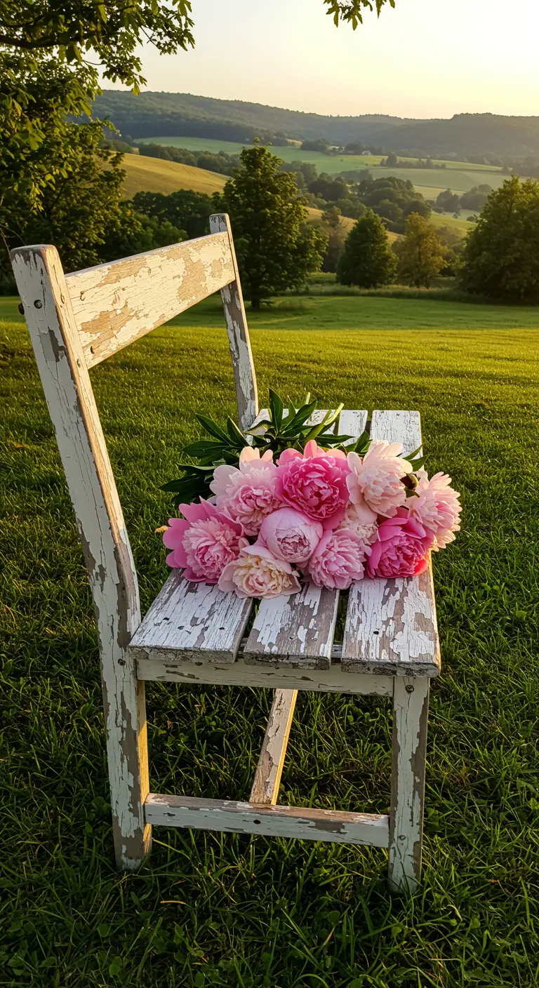 A distressed white chair holding a bouquet of pink peonies in a green field.