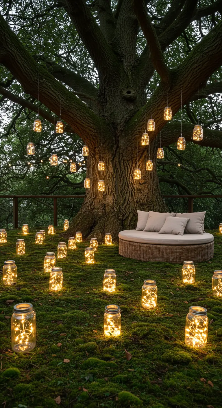 A mossy lawn dotted with glowing fairy light jars around a daybed.