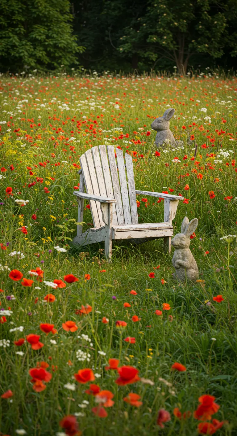 A weathered white Adirondack chair and two rabbit statues sit in a field of red poppies.