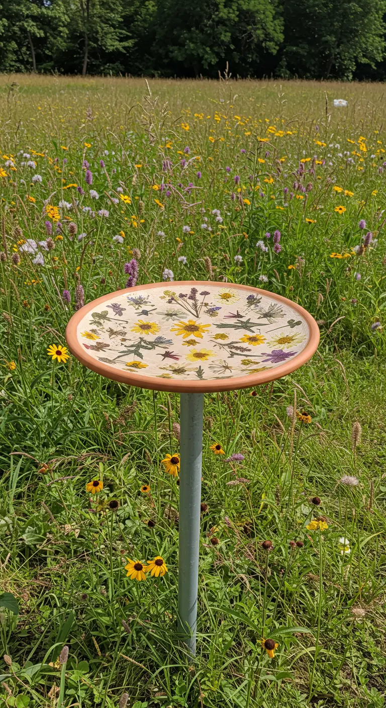 A birdbath decorated with real pressed wildflowers set in resin, placed in a wildflower field.
