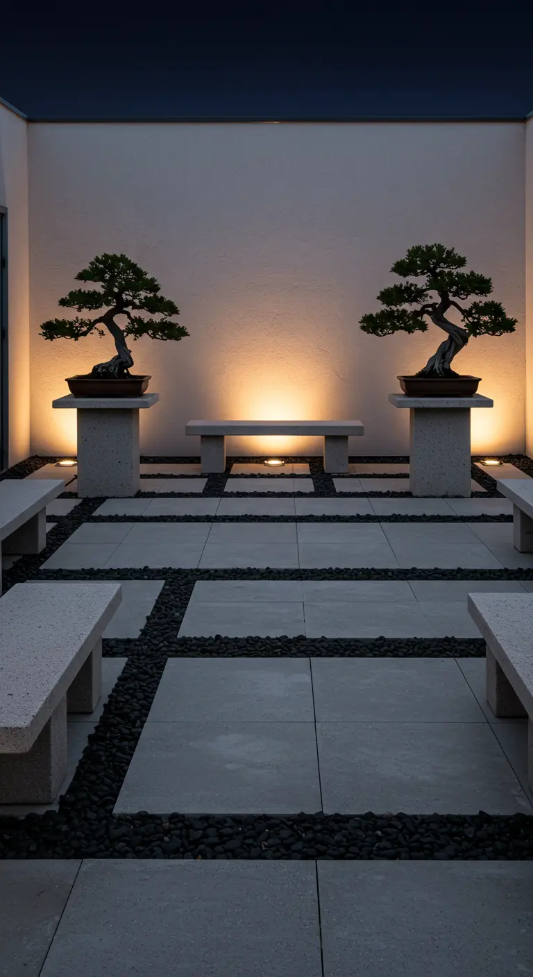A minimalist zen rooftop with stone pavers, black pebbles, and two bonsai trees on pedestals.