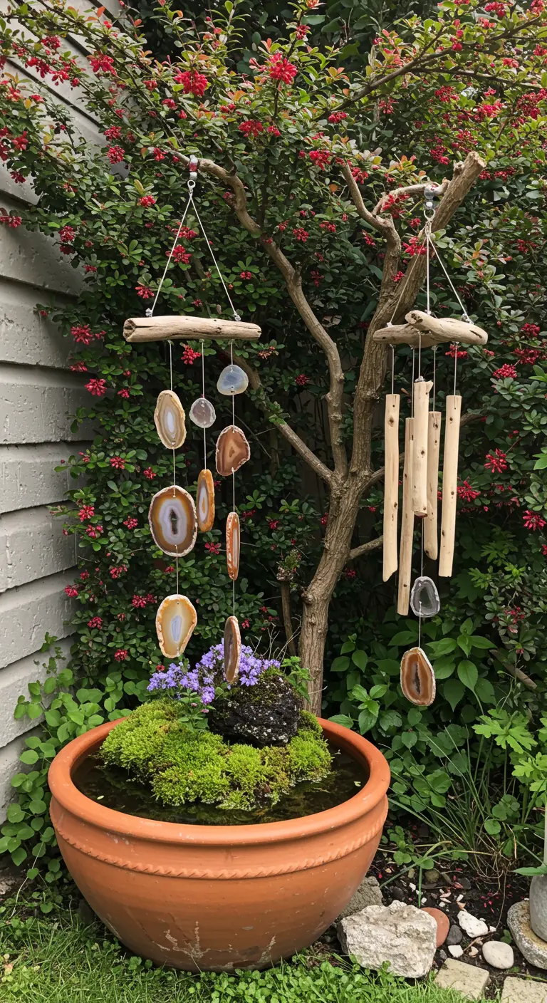 A terracotta bowl water garden with moss, with agate and bamboo wind chimes hanging above.