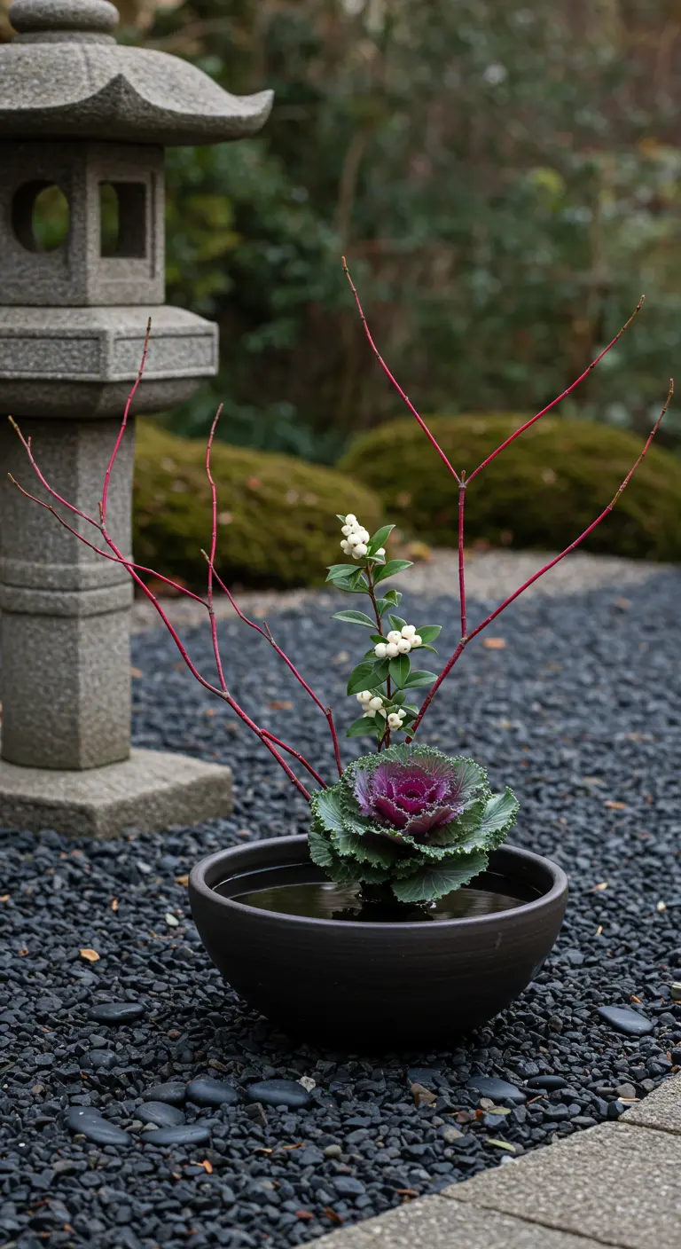 A shallow black bowl with water, a single kale, and a few red twigs.
