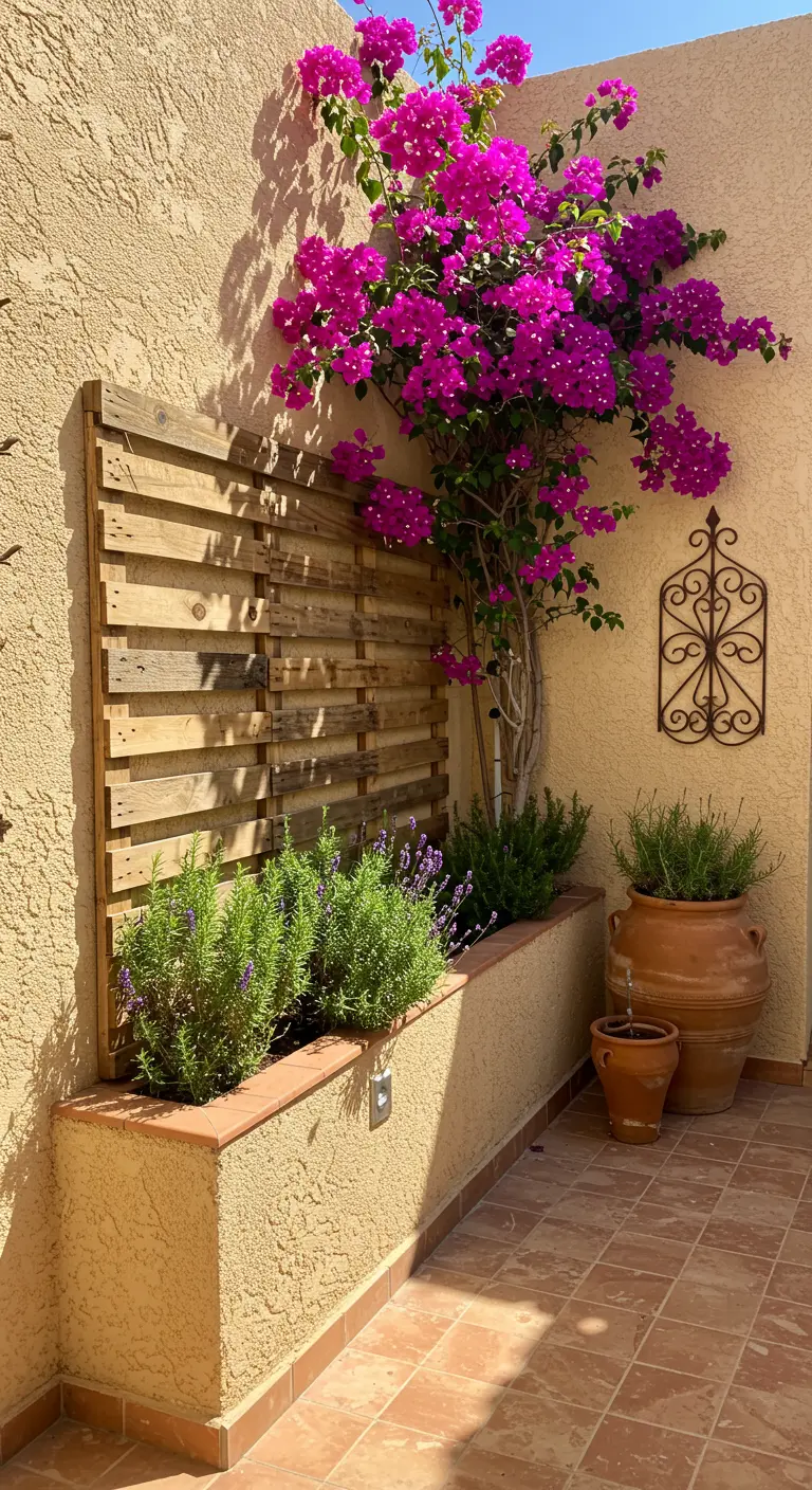 A pallet trellis against a stucco wall, with a vibrant bougainvillea climbing and lavender in the planter.