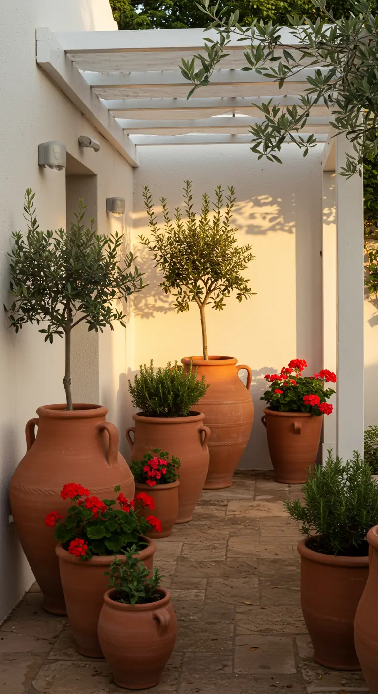 Sunlit Mediterranean patio with a white pergola and a cluster of terracotta pots with olive trees.