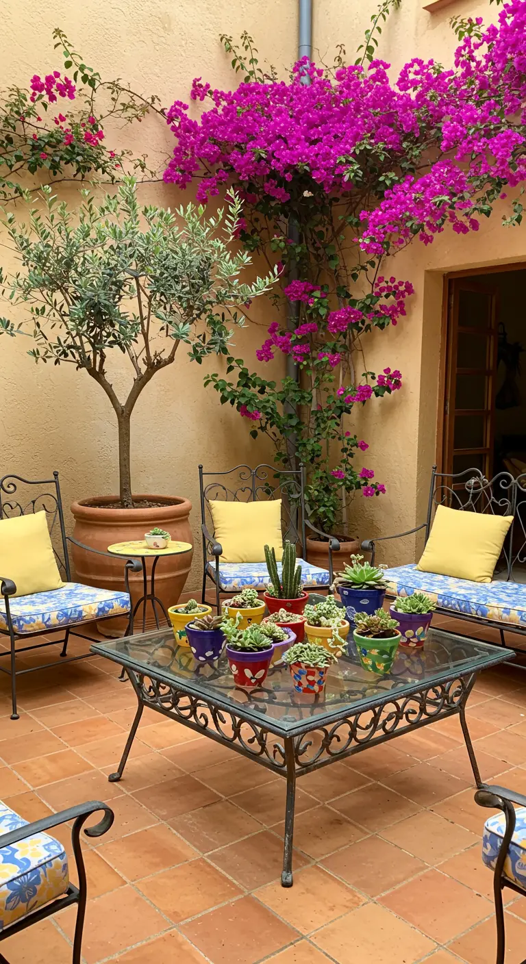 A terracotta-tiled patio with colorful small potted succulents on a wrought-iron coffee table.
