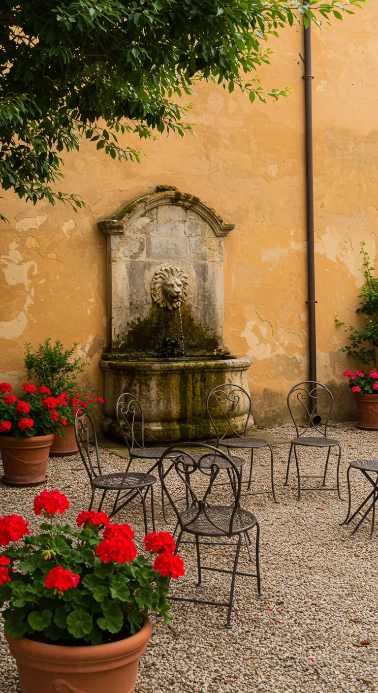 Stone lion-head wall fountain with red geraniums in terracotta pots.