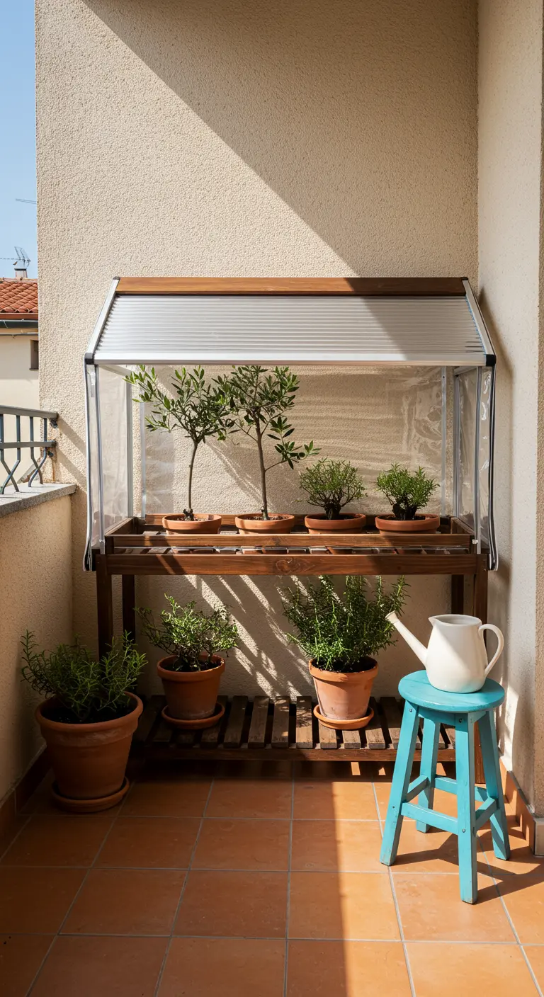 A wooden balcony greenhouse sheltering small olive and rosemary trees in terracotta pots.