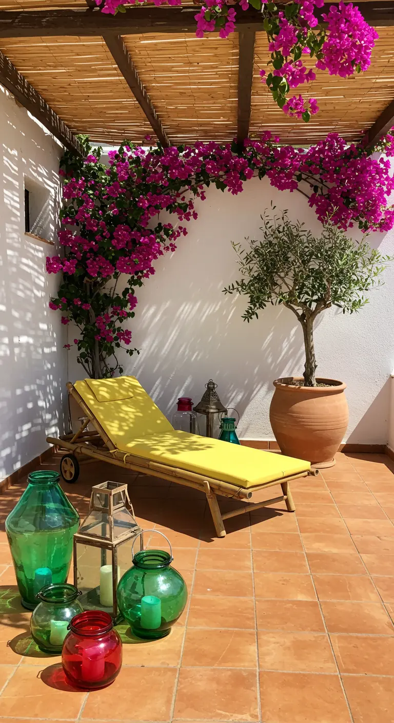 A yellow bamboo lounger on a terracotta patio with climbing bougainvillea and colorful glass lanterns.