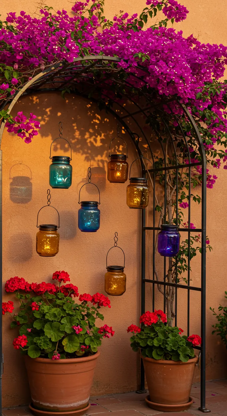 Metal trellis on a terracotta wall with colorful solar jars hanging next to bougainvillea.