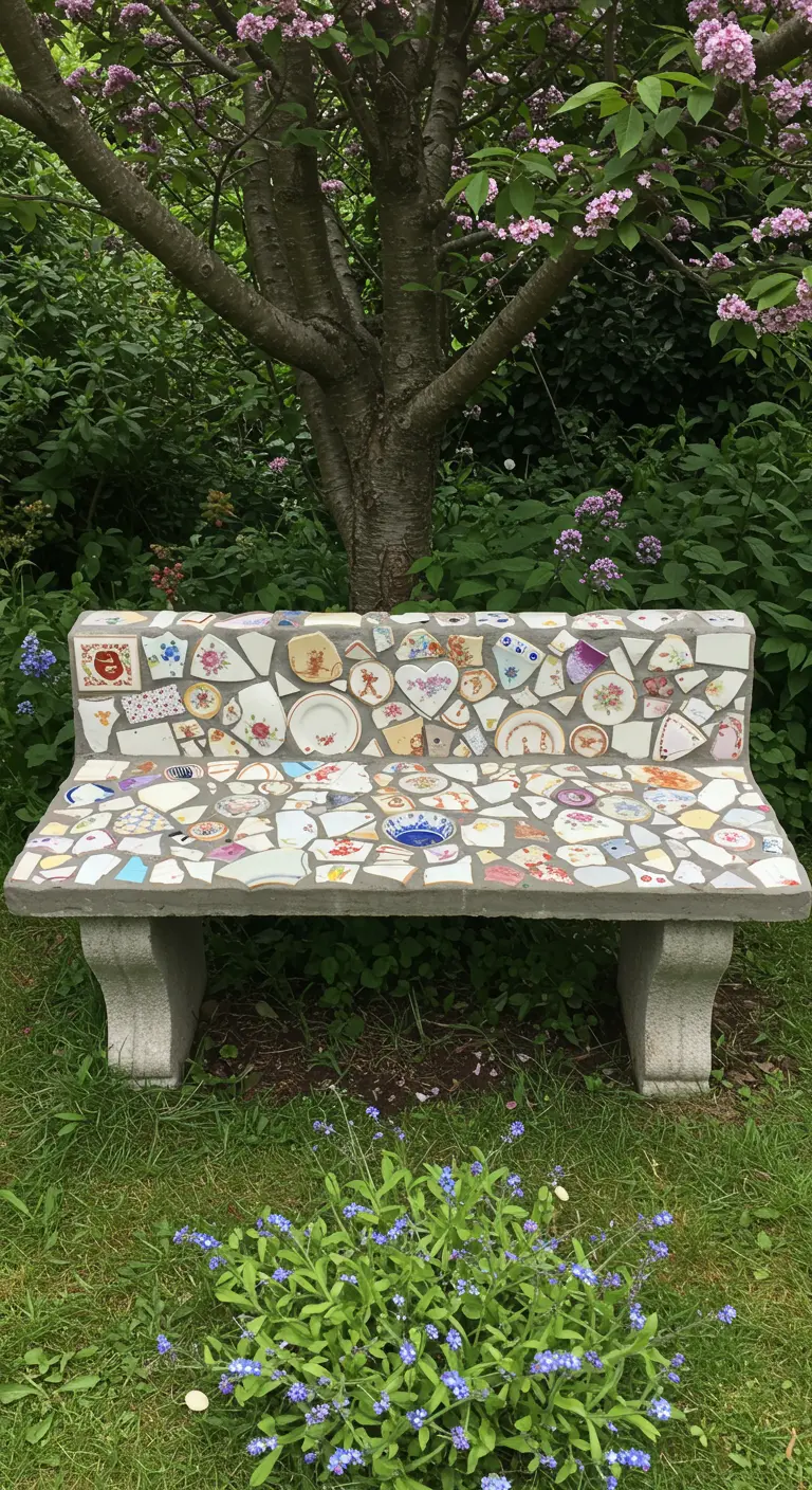 A concrete garden bench covered in a chaotic and colorful mosaic of broken, mismatched floral china.