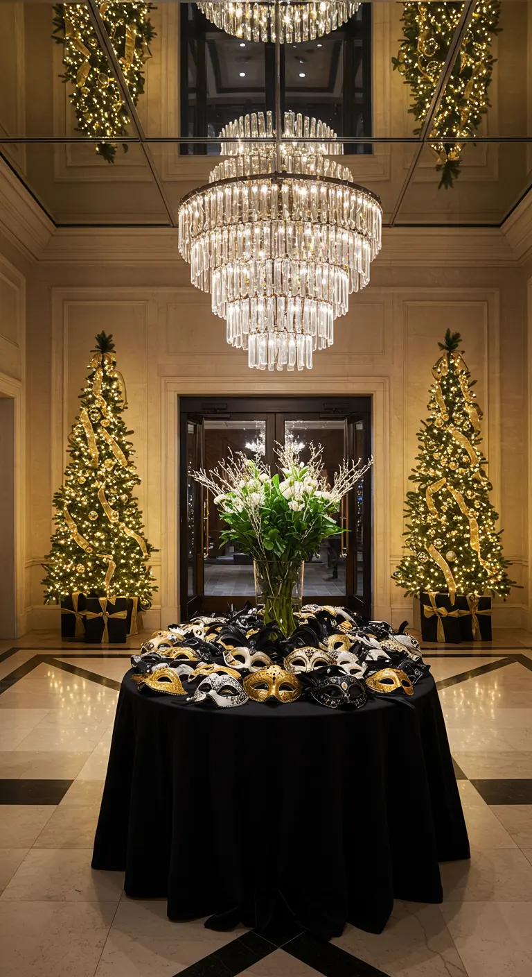 Entry table with black, white, and gold masquerade masks for guests.