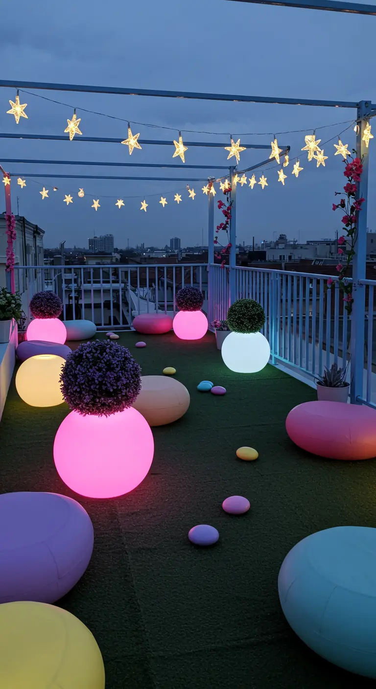 A whimsical green rooftop with glowing orb planters, star-shaped lights, and colorful poufs.