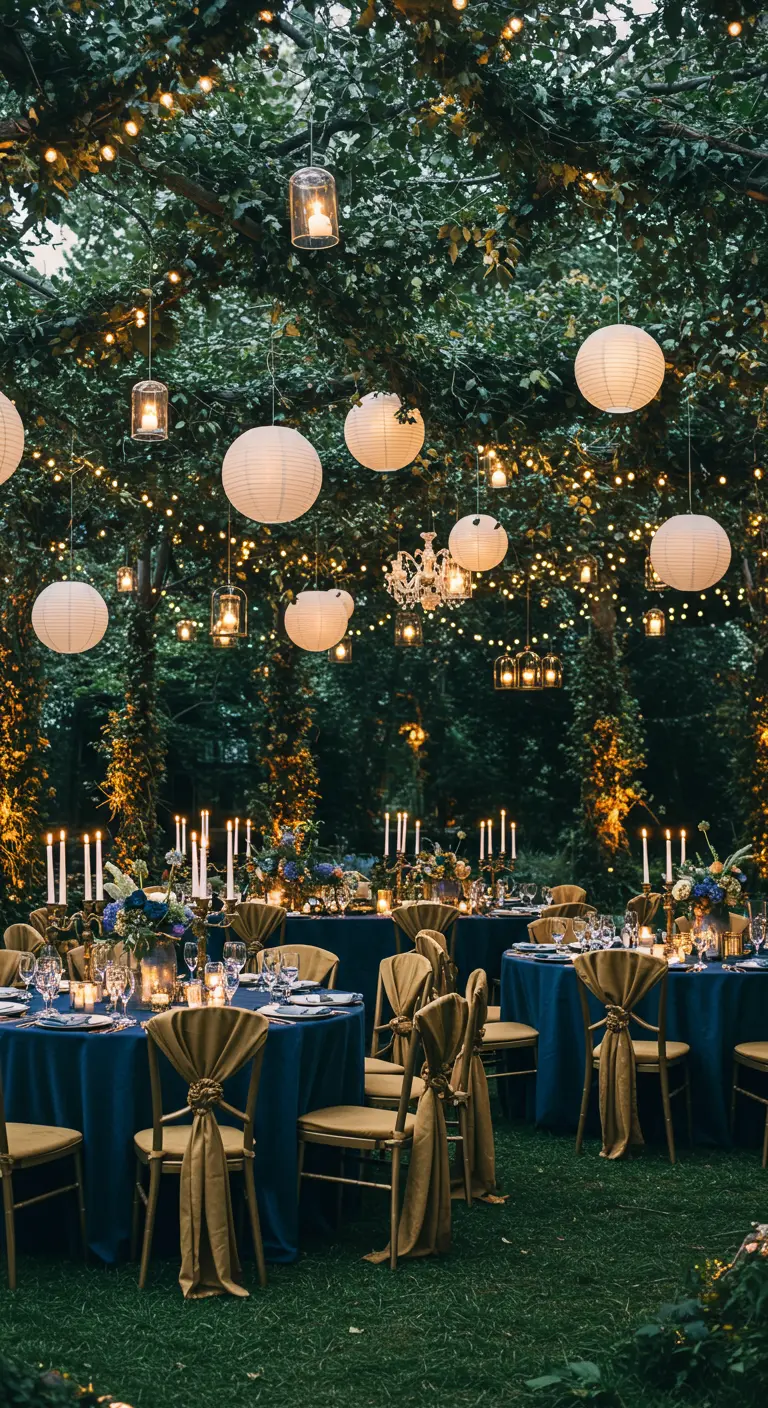 Elegant evening garden party with blue tablecloths, gold chairs, and a mix of lanterns.
