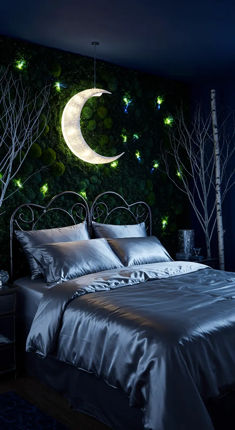 A dark bedroom with a crescent moon lamp on a moss wall, silver satin sheets, and birch trees.