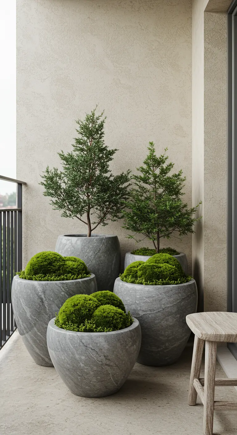 A cluster of grey stone pots with small pines and mounded green moss.