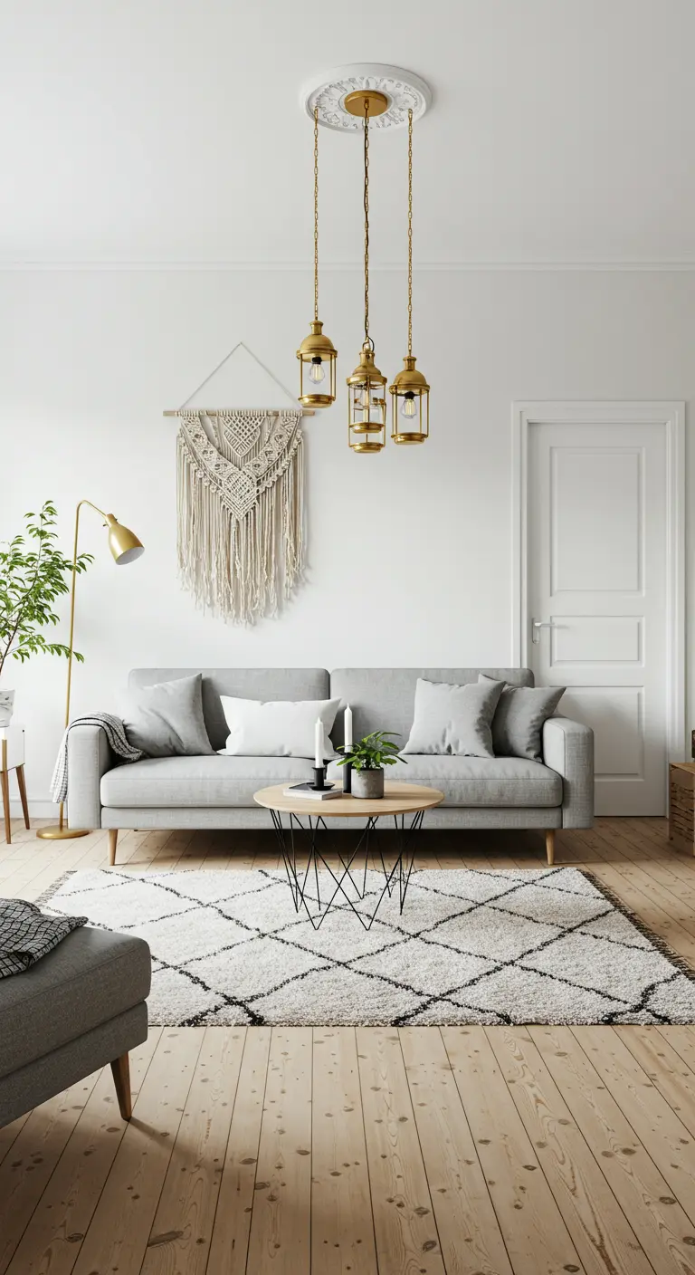 A minimalist living room with a grey sofa, macrame wall art, and three simple brass lantern pendants.